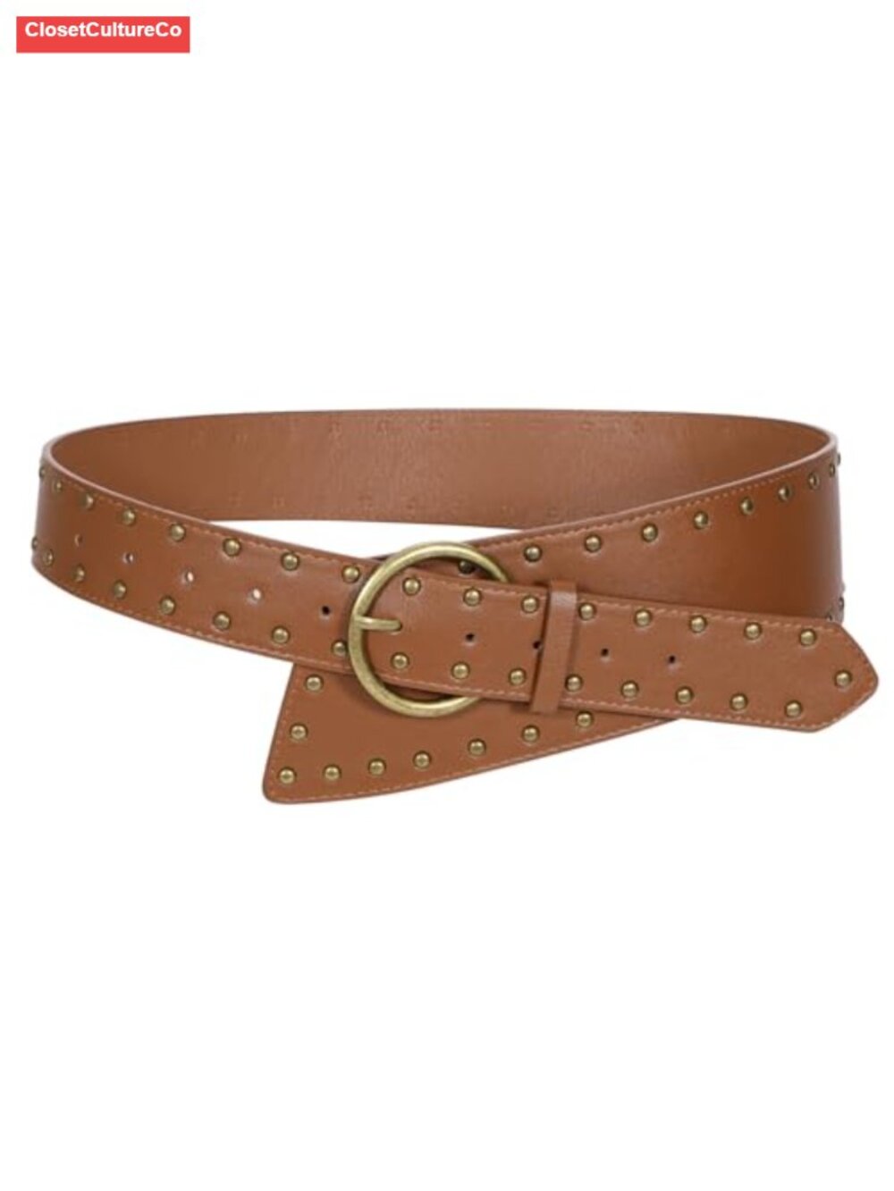 Wide Waist Belt for Dresses Studded Faux Leather with Gold Pin Buckle